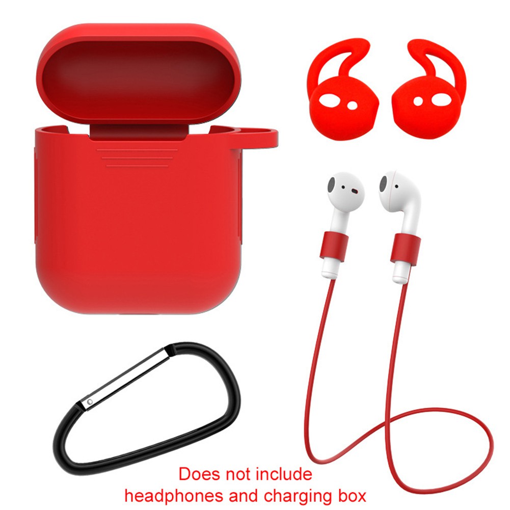 Bộ 4 món vỏ nhựa bọc hộp đựng tai nghe bluetooth+núm gắn tai+móc khóa+dây đeo chống mất cho Airpods