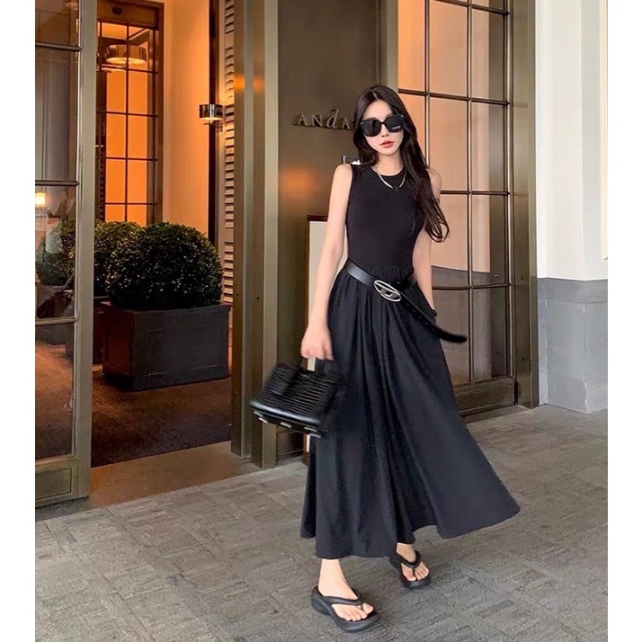 Đầm maxi ba lỗ cổ tròn thân xoè có túi 2 bên