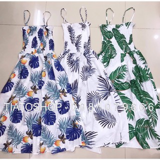 Váy trễ vai, váy 2 dây đi biển, set đồ đôi hoạ tiết hoa lá quả