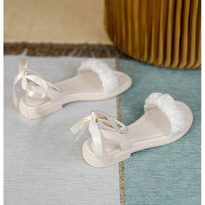 Giày Sandal Đế Bằng Hở Ngón Đính Nơ Ruy Băng Ngọc Trai Phong Cách Pháp Thời Trang Mùa Hè Cho