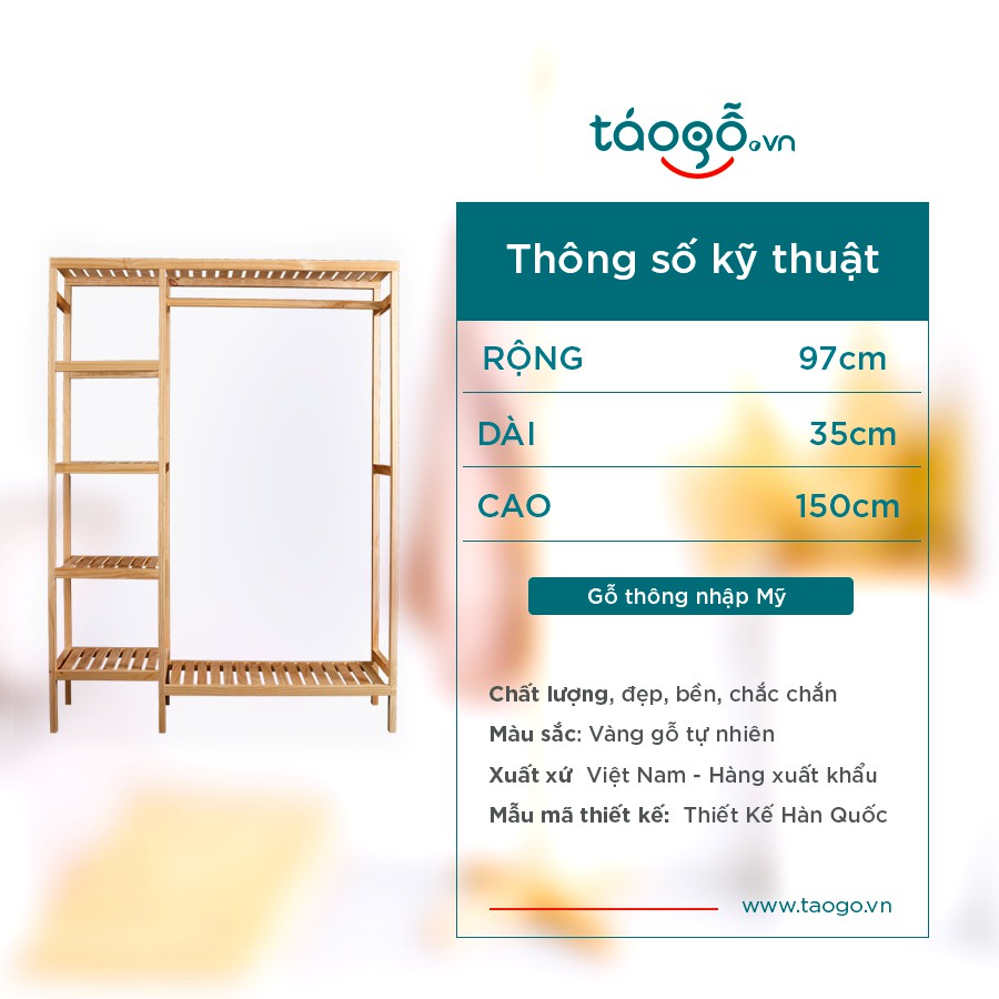 Tủ treo quần áo Táo gỗ Decor tủ gỗ thông 2 ngăn phong cách Hàn Quốc