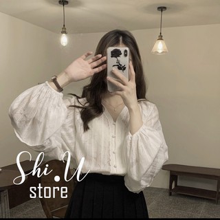 Áo sơ mi trắng cổ V viền ren xếp ly tay bồng cúc ngọc Nữ Tính Phong Cách Ulzzang