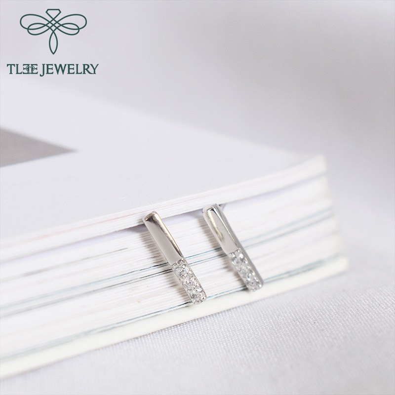 Khuyên tai bạc nữ TLEE thanh bạc nạm đá nửa xinh xắn TleeJewelry B0131