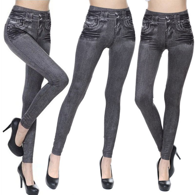 Xiangbao Quần Legging Dài Giả Jean Không Đường May In Họa Tiết Giả Jean Dài Dành Cho Nữ