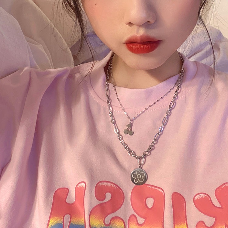 IF ME Dây chuyền hai lớp mặt hình hoa + cherry đơn giản thời trang Hàn Quốc dành cho nữ