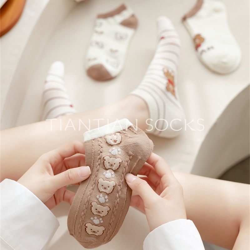 TIANTIAN T205 Tất  nữ cổ ngắn Vớ Cotton Mỏng Nhẹ In Họa Tiết Hoạt Hình Phong Cách Nhật Bản Dễ Thương Thời Trang Xuân Hè