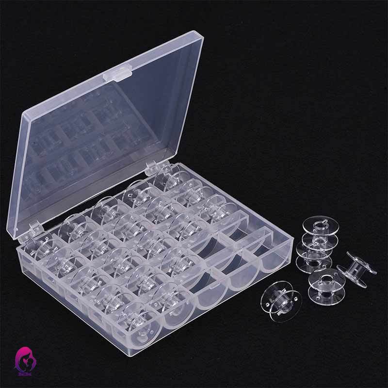 ♦♦ 25Pcs Empty Bobbins Sewing Machine Spools Clear Plastic with Case Storage Box for Brother Janome