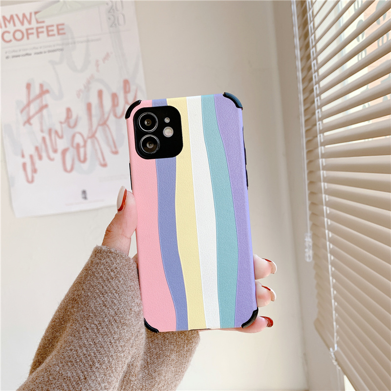 Lambskin Case for iPhone 12 11 Pro Max X XR Four Angle Anti Fall Case 6 7 8 6s Plus Rainbow Printing Casing | BigBuy360 - bigbuy360.vn
