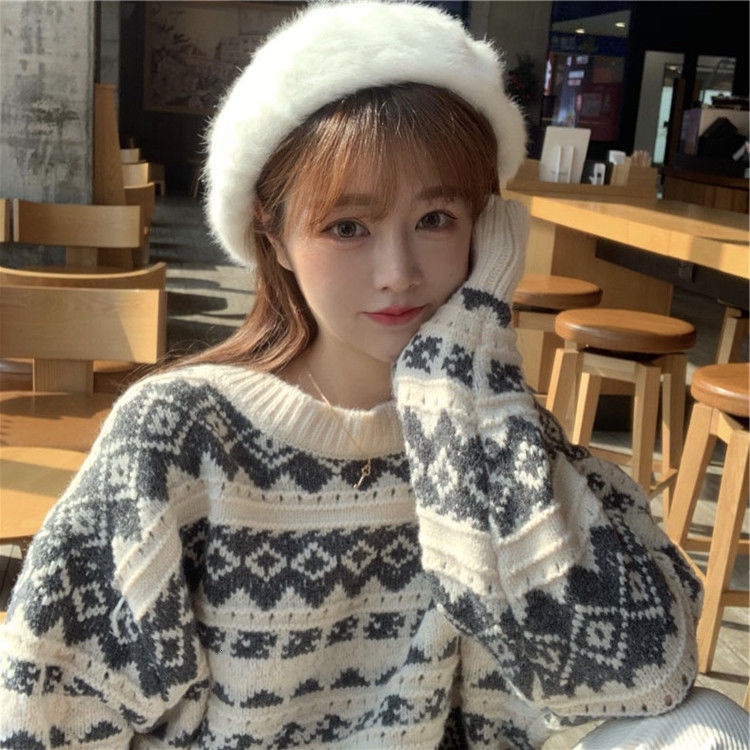 Áo sweater tay dài cổ tròn dáng rộng thời trang xinh xắn cho nữ