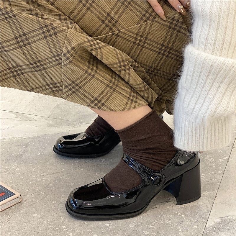 Giày cao gót mary jane đế vintage da bóng, cao 6cm