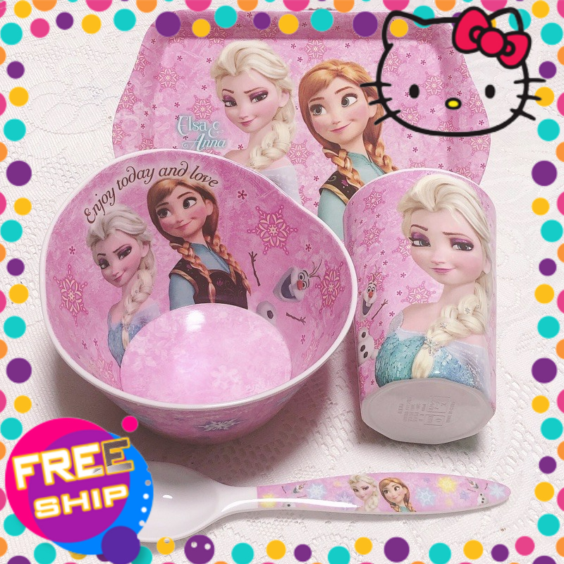 Bộ khay bát cốc thìa Elsa hồng (chén ly muỗng)