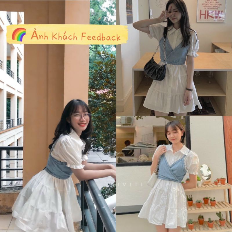 Set váy trắng xòe kèm yếm bò jean thắt nơ sau