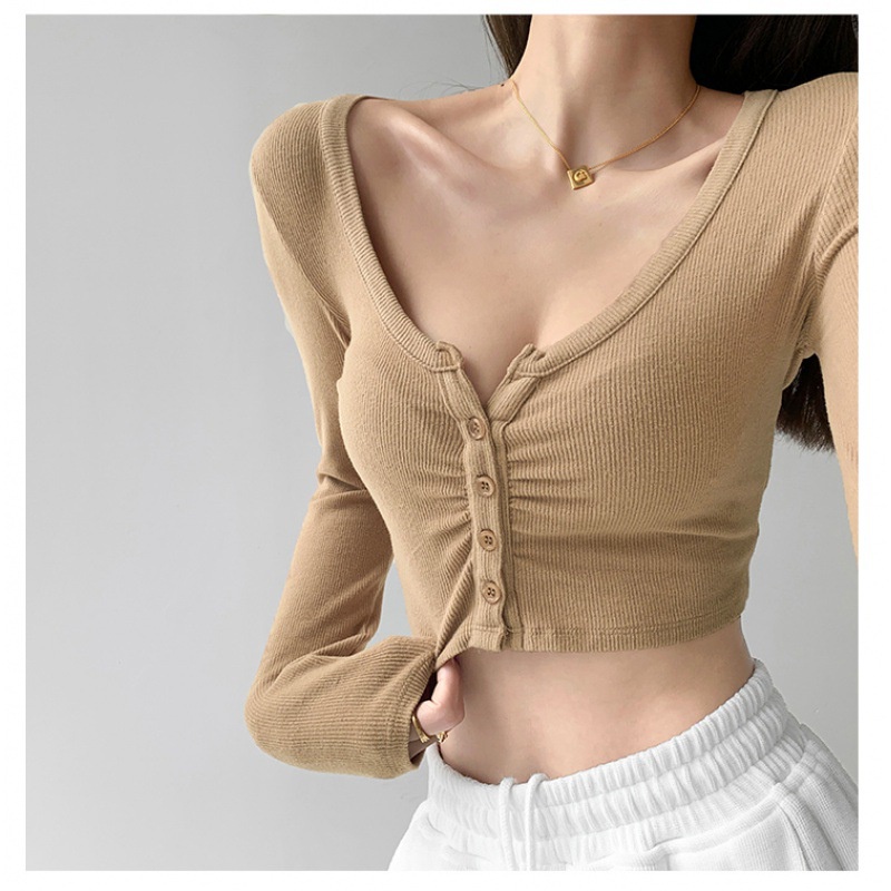 Áo Thun Lửng Tay Dài Cổ Chữ V Màu Trơn Thời Trang Dành Cho Nữ