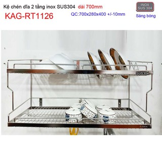 Kệ đựng chén bát inox SUS304, kệ úp chén dĩa 2 tầng dài 70cm KAG-RT1126