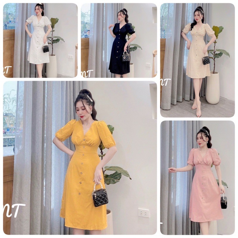 Đầm xinh cổ V siêu đẹp, vải đũi xước thấm hút mồ hôi, váy đi làm, đi tiệc cho các nàng ạ