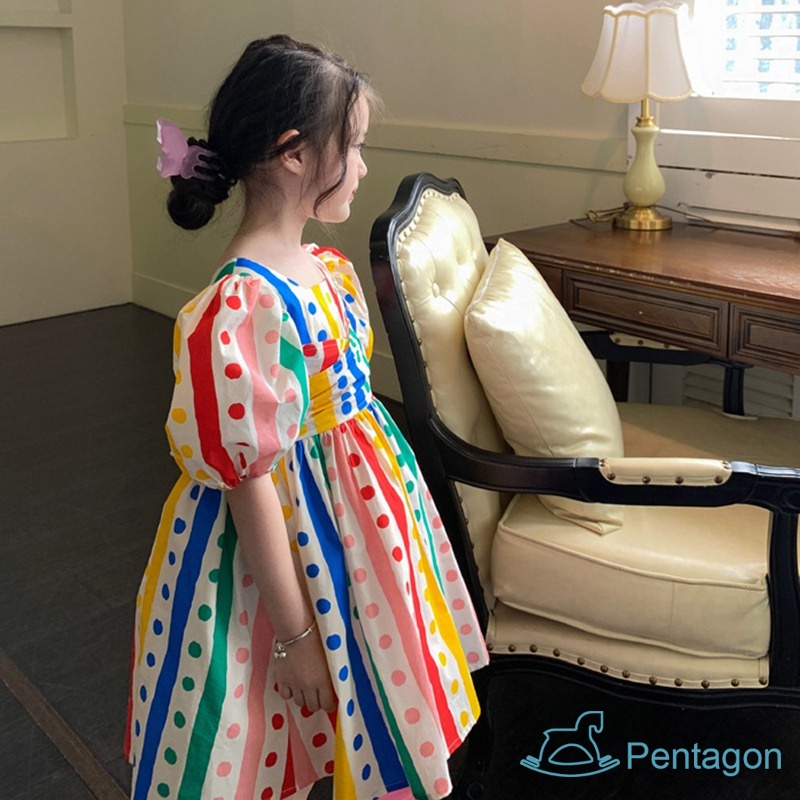 Đầm Công Chúa Tay Phồng Họa Tiết Chấm Bi Màu Cầu Vồng Phong Cách Hàn Quốc Thời Trang Mùa Hè Cho Bé Gái