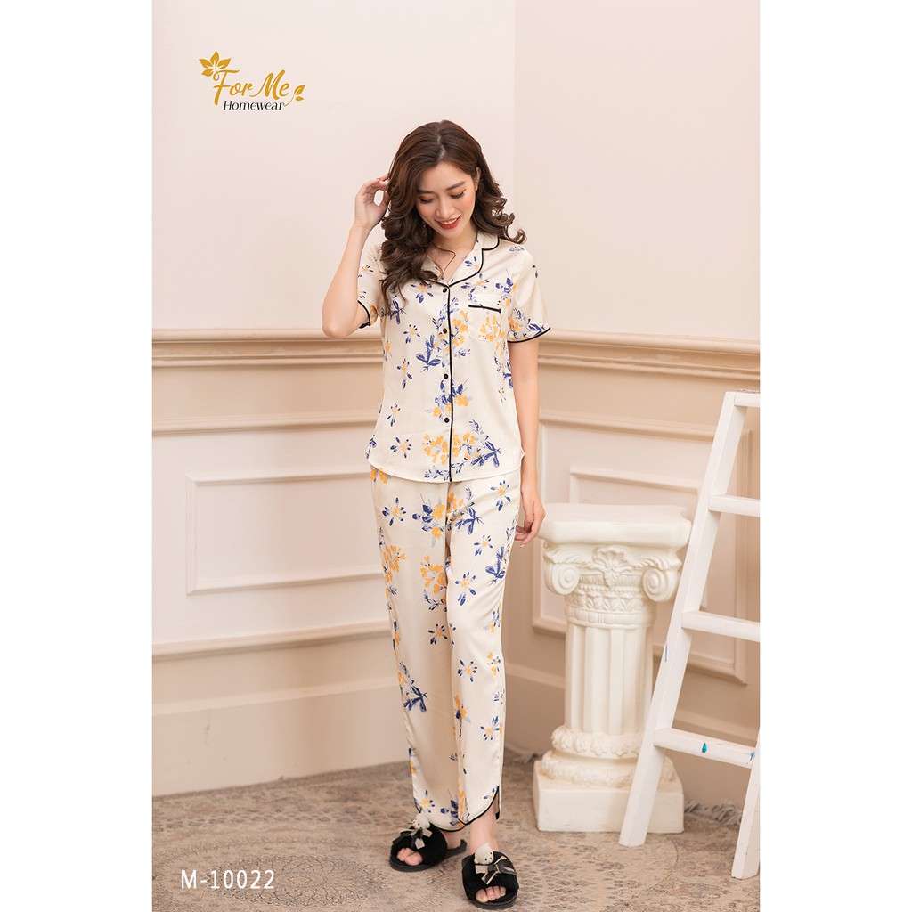 Bộ đồ ngủ, mặc nhà chất Lụa Giấy Luxury NGẮN TAY QUẦN DÀI HOA NHÍ VÀNG 10 ,forme pijama