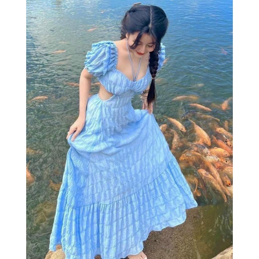 [HCM] Đầm Maxi Chạy Mocking (Mặc 2 Kiểu) Hở Eo Thời Trang Nữ Sam Closet Free Size 40-55kg