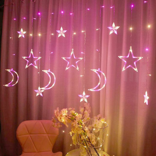 Dây đèn LED nháy rèm kiểu trăng sao, trang trí Lễ Tết ngoài trời (cắm điện)