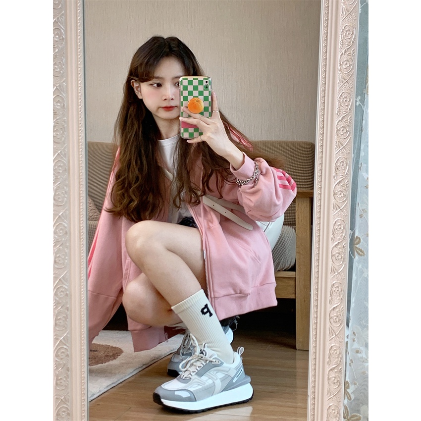 Áo Khoác Hoodie Dáng Rộng Phối Khóa Kéo Màu Hồng Dễ Phối Đồ Cho Nữ | BigBuy360 - bigbuy360.vn