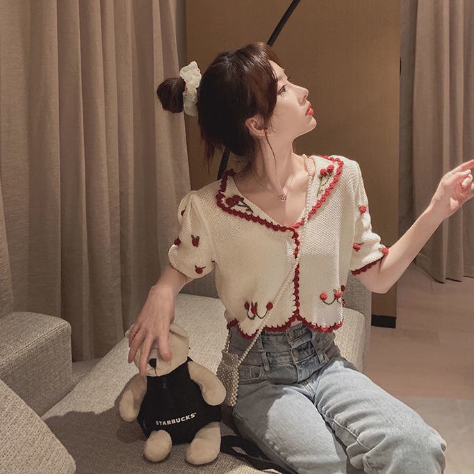 Áo cardigan Ngắn Tay Thêu Họa Tiết Ngọt Ngào Thời Trang Mùa Hè Cho Nữ