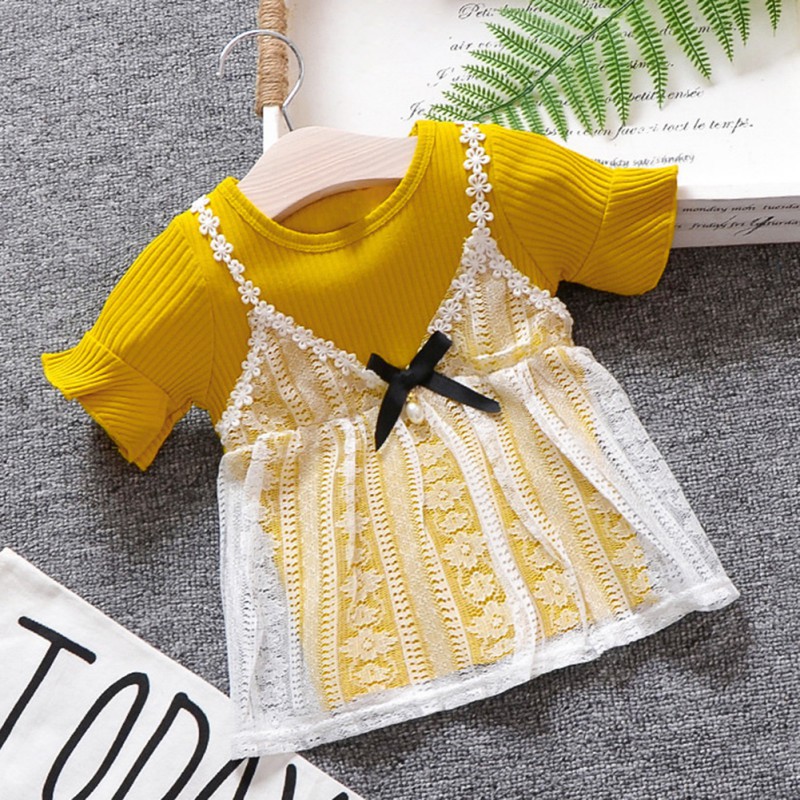 Đầm Tay Ngắn Phối Ren Dễ Thương Thời Trang Cho Bé Gái