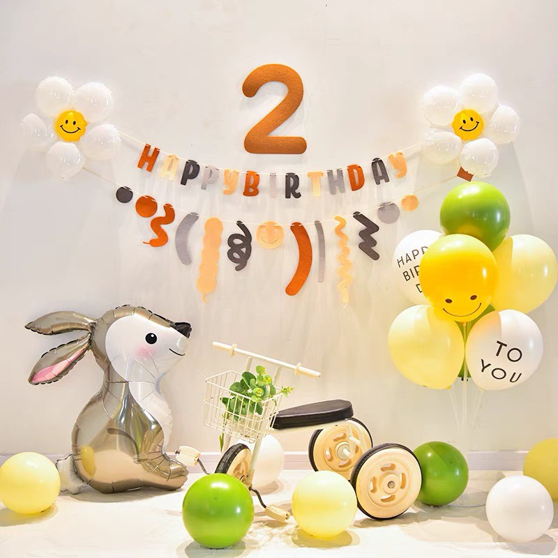 Set trang trí sinh nhật bóng Thỏ xám phong cách Hàn Quốc