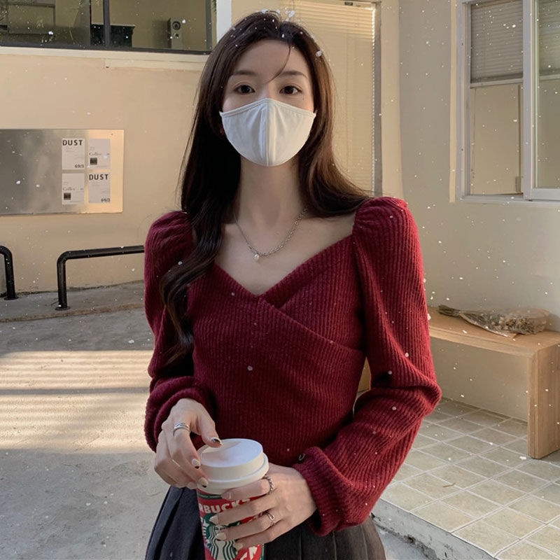 Áo thun tay phồng dài cổ chữ V màu trơn thời trang thu đông cho nữ