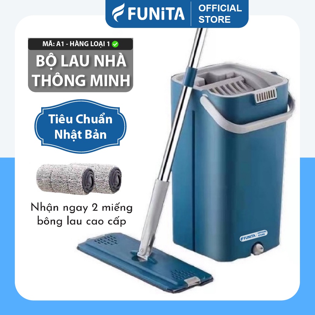 Cây lau nhà thông minh Funita, thùng lau nhà tiêu chuẩn Nhật Bản, kèm bộ lau nhà 360 độ, kích thước nhỏ gọn 20cm