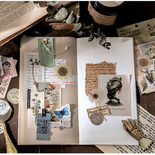 Set 15 sticker vintage hoa lá, butterfly, nhãn dán phong cách cổ điển không thấm nước trang trí sổ tay, ốp điện thoại