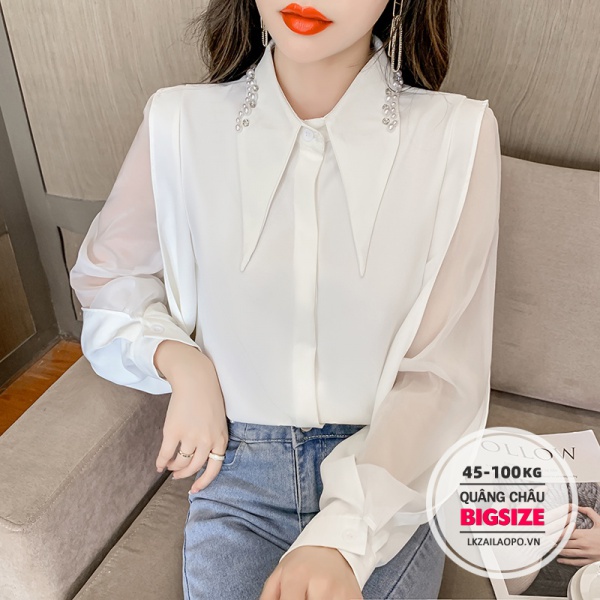 BIGSIZE Nữ (45-70kg) Áo sơ mi voan tay dài màu trắng thanh lịch thời trang - Áo sơ mi nữ kiểu đẹp cá tính - Phong cách Hàn Quốc