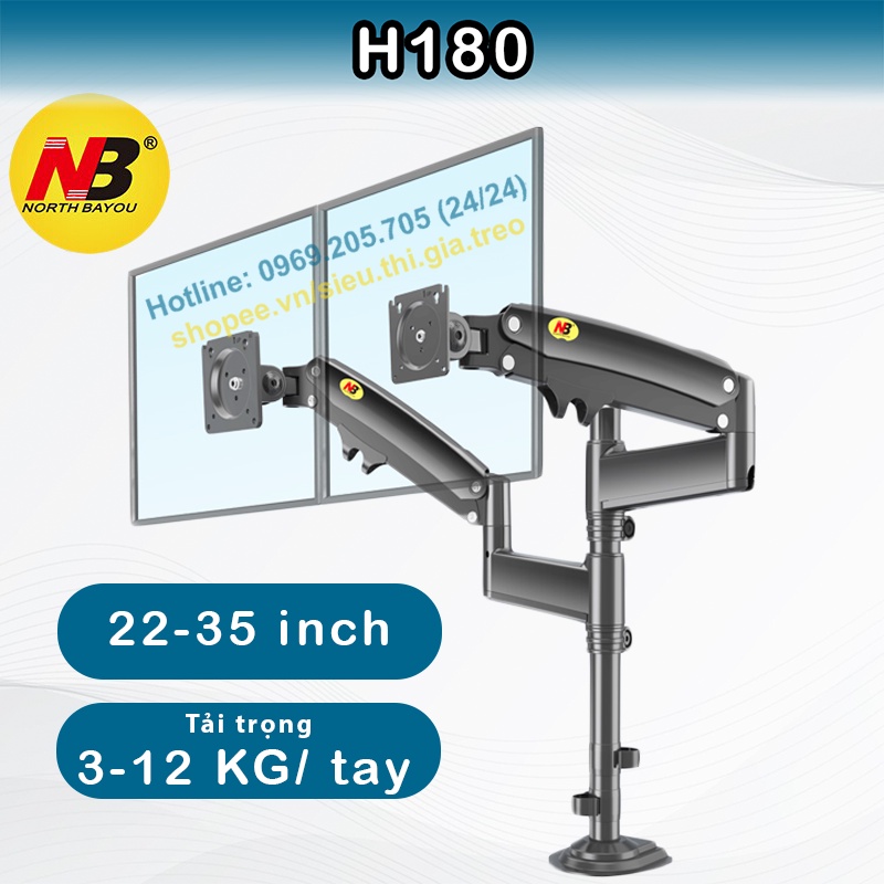 H180 Giá Treo 2 Màn Hình (màn hình 17-32 inch)/ Tay treo 2 màn hình- Xoay 360 Độ. (Ưu việt hơn F160/ M052)