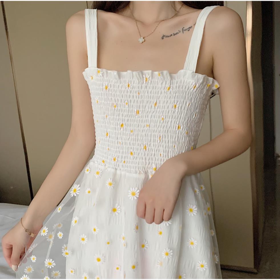 Váy 2 dây dáng dài trắng bánh bèo hoa cúc vintage, váy hai dây bản to phong cách ulzzang Hàn Quốc V07 - Peyy Clothing  ཾ