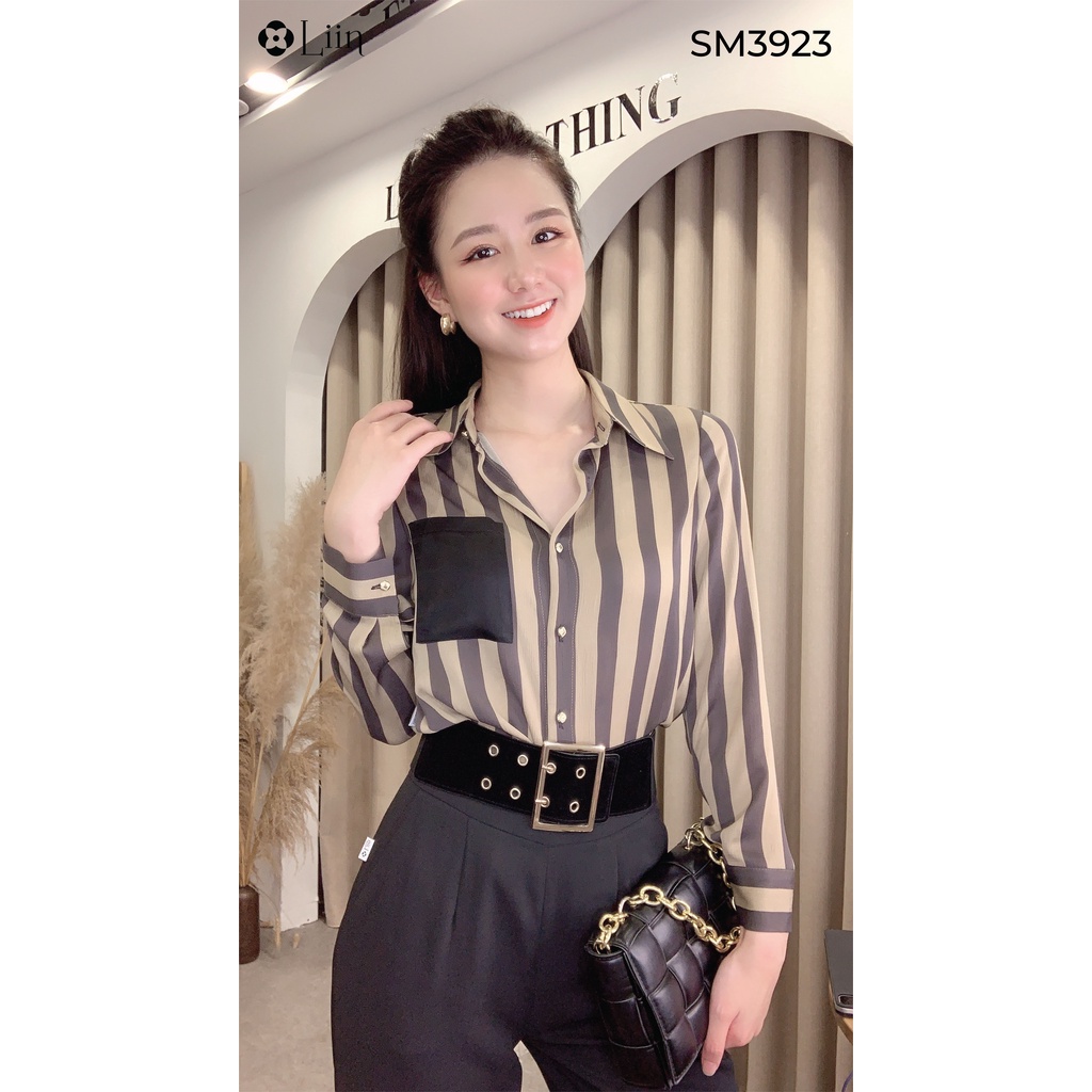 Áo sơ mi nữ dài tay Kẻ Sọc màu Nâu Đen phong cách trẻ trung, năng động Liin Clothing SM3923