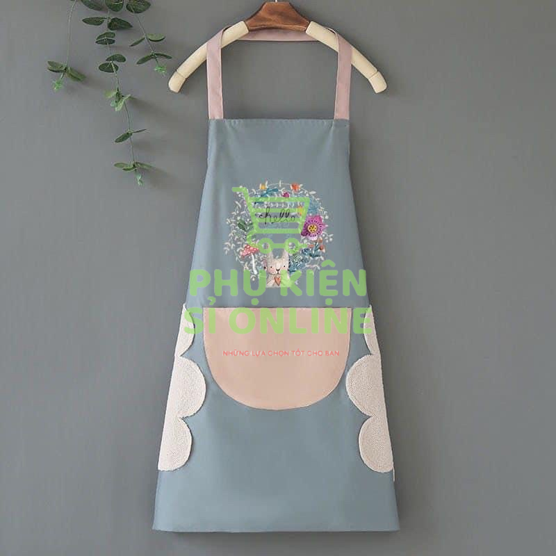 Tạp dề chông thám nước họa tiết hoa thỏ dễ thương kèm lau tay và túi to