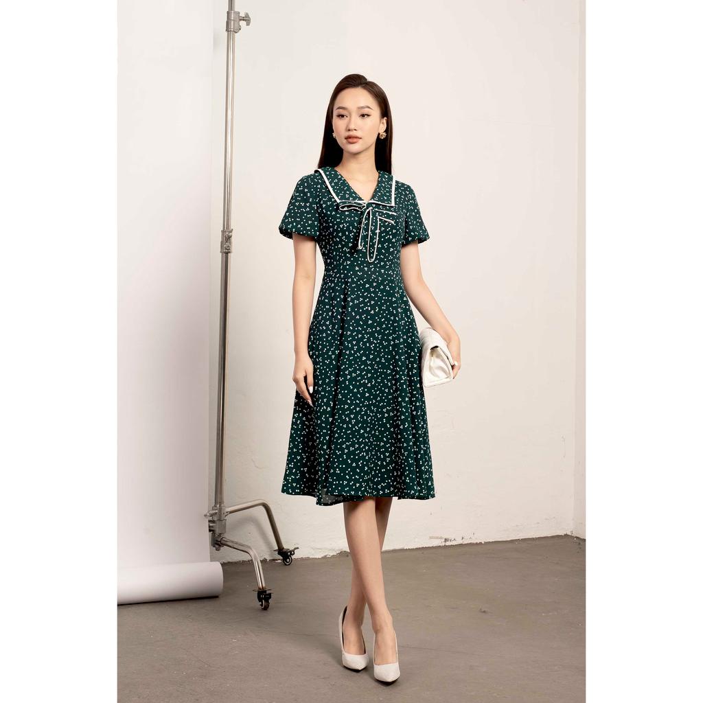 Đầm dáng xòe, tay bồng, cổ buộc nơ, viền cổ màu trắng MMOutfit M-DA061121347