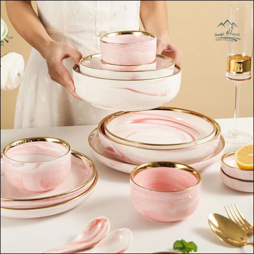 Bộ Bát Sứ Vân Đá Hồng Viền Vàng Cao Cấp , Sang Trọng - Phong Cách Bắc Âu