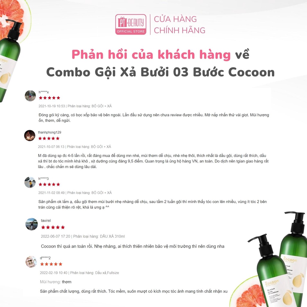 COMBO gội xả bưởi 3 bước không sulfate giảm gãy rụng tóc Cocoon