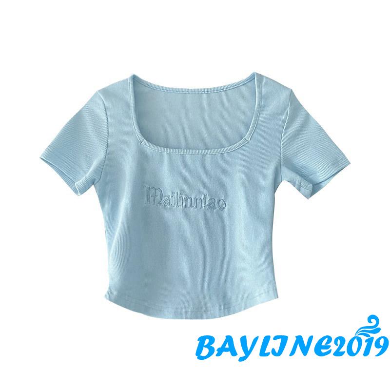 Áo croptop dệt kim tay ngắn cổ vuông thêu chữ thời trang mùa hè năng động cho nữ