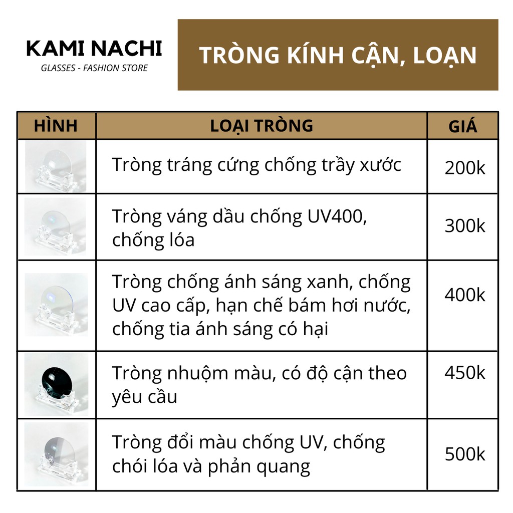 Tròng kính cận ván dầu chống lóa Kami Nachi, chống chói, chống UV400 - Tròng kính Thái Lan (có độ loạn)