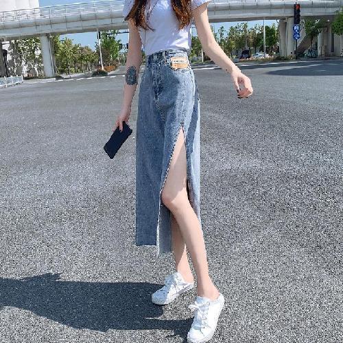 Chân Váy Denim Dáng Chữ a Lưng Cao Xẻ Tà Thời Trang Mới Cho Nữ