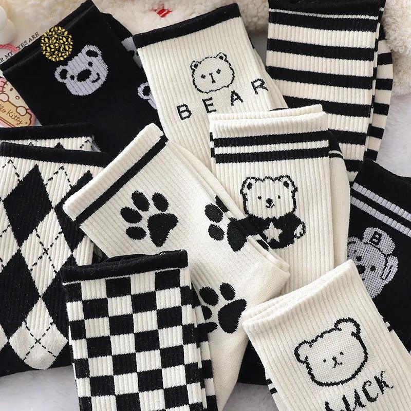 Vớ cotton Họa Tiết Sọc Trắng Đen