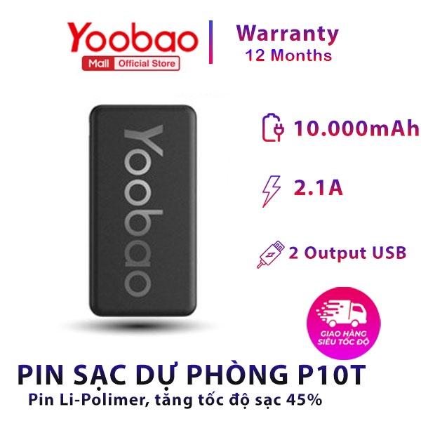 [CHÍNH HÃNG-BH 12 THÁNG] Pin sạc dự phòng Yoobao dung lượng 10000mAh P10T - Hãng phân phối chính thức