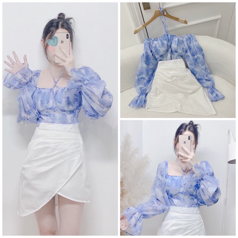 SET Áo trễ vai hoa xanh tay loe phồng kèm Chân Váy trắng tà đắp chéo NÀNG CLOSET