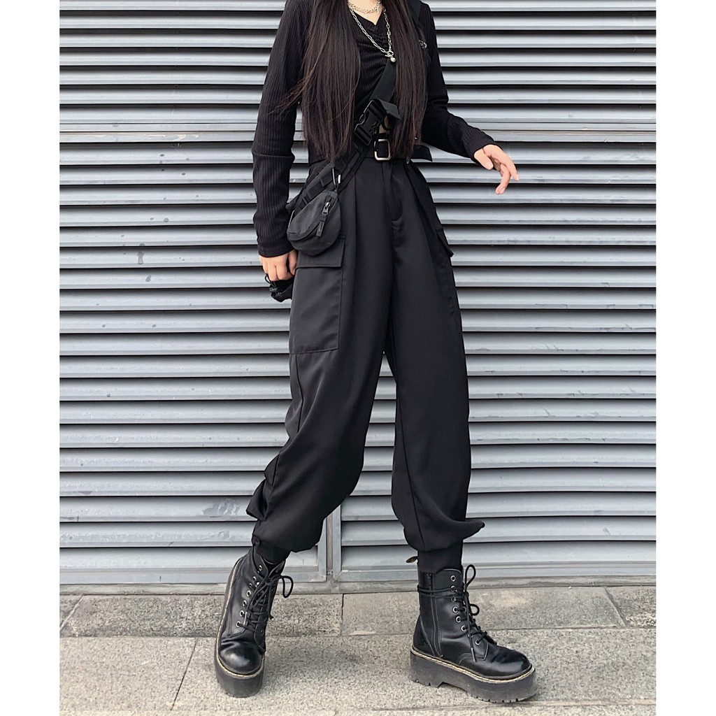 Quần Jogger Nữ Ulzzang Túi Hộp Thương Hiệu BACA Màu Đen