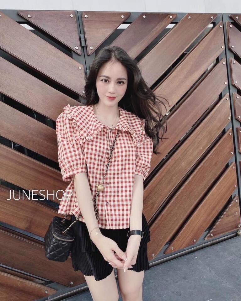 [Mã FAMAYWA giảm 10K đơn 50K] Áo sơ mi kẻ đỏ cổ bèo xinh xắn