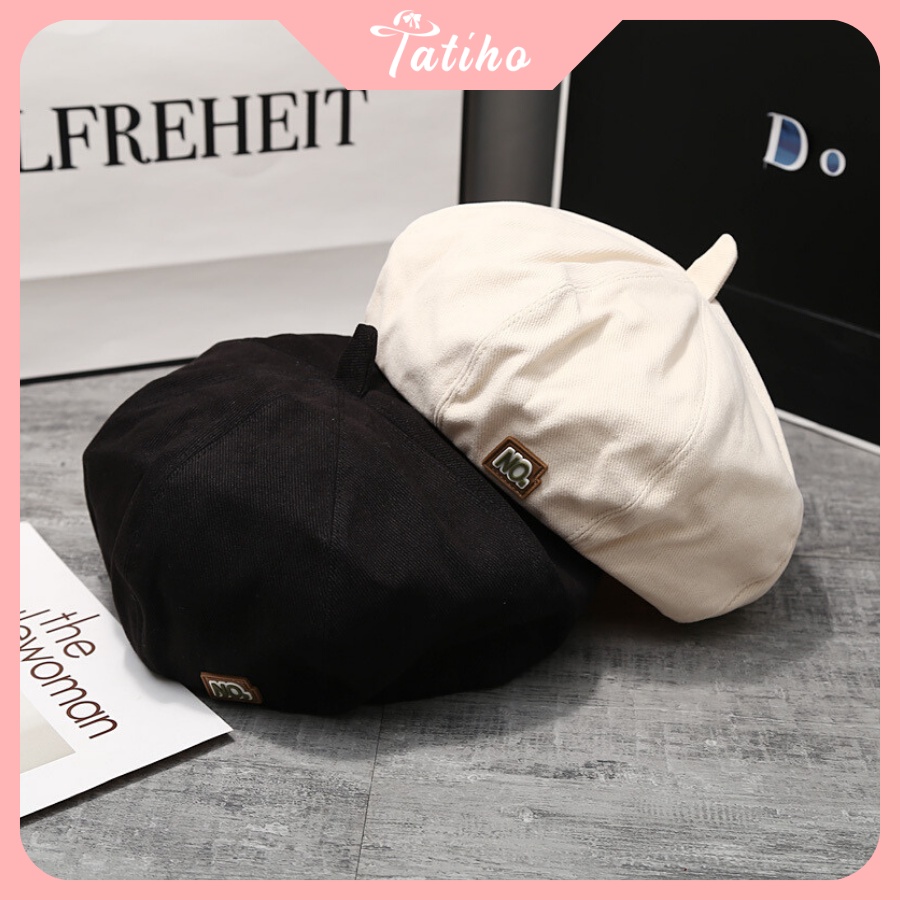 Mũ beret unisex nam nữ, Mũ nồi Retro chất cotton họa tiết trơn phối NO. phong cách cá tính thời trang Hàn - Mã NV050