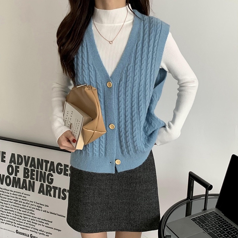 [CÓ SẴN+ẢNH THẬT] Áo gile len xoắn thừng cúc giả gỗ mẫu thu đông 2021 | BigBuy360 - bigbuy360.vn