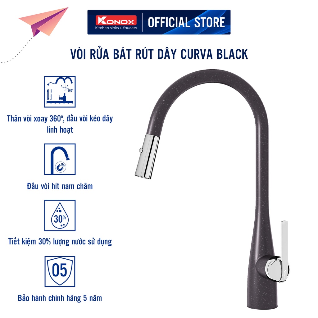 Vòi rửa bát rút dây KONOX Curva Black, bề mặt xử lý mạ PVD Granite, lõi hợp kim đồng 61% tiêu chuẩn Châu Âu CW617N