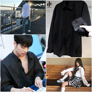 [có ảnh thật,giảm 10%,vải form siêu đẹp] ÁO SOMI ĐEN TRẮNG DÀI TAY NAM NỮ MẶC ĐỀU ĐẸP